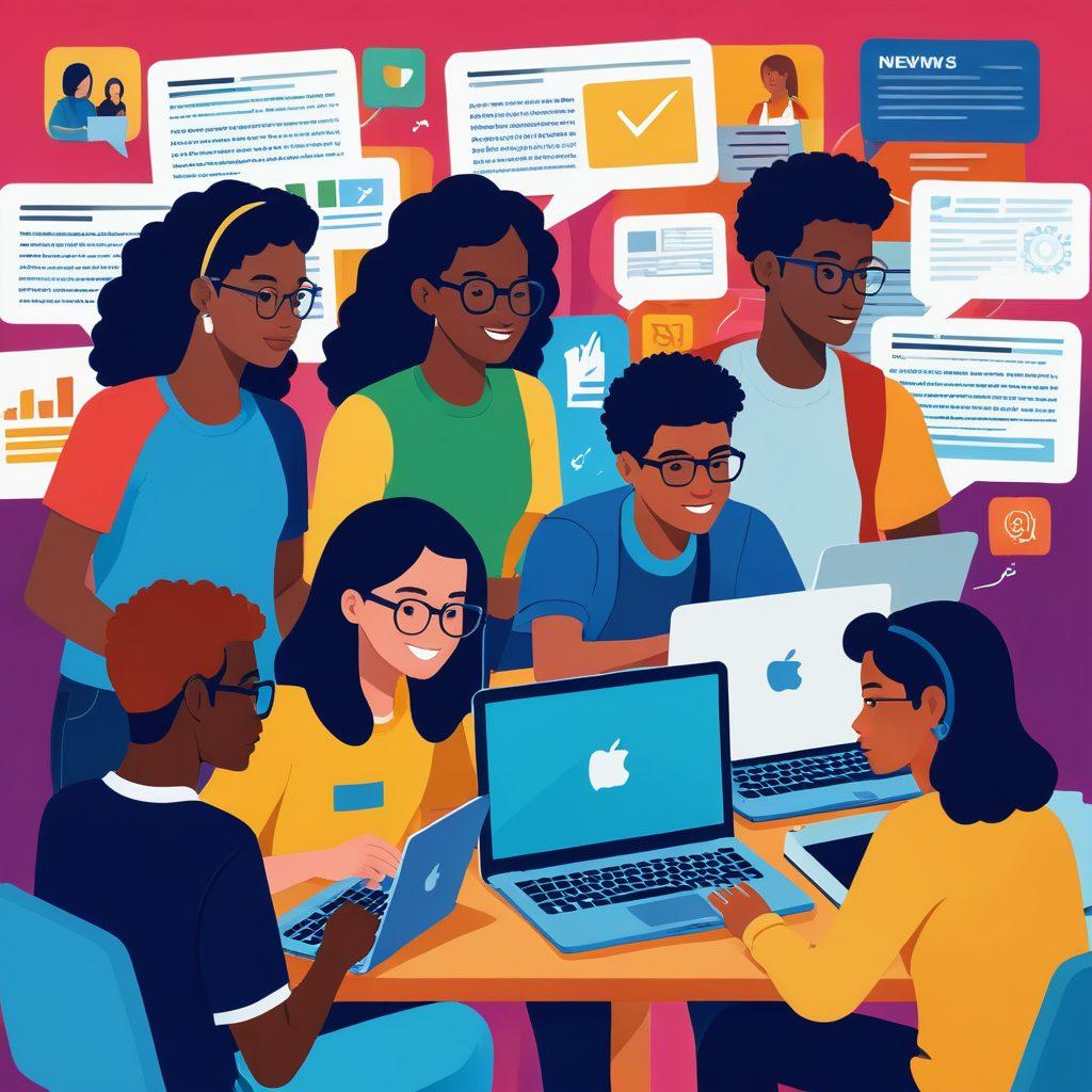 A dynamic scene featuring diverse teenagers engaged in various activities: studying together, discussing news updates on laptops, and enthusiastically chatting in an online forum. Background includes elements of a high school, news headlines, and social media icons. vibrant colors. contemporary illustration style.