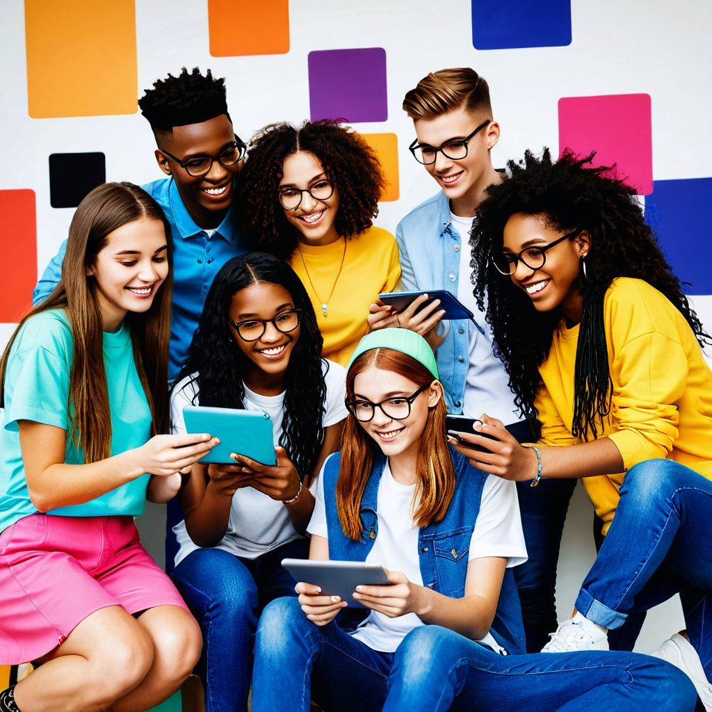 A vibrant, engaging scene of teenagers from diverse backgrounds in a modern, colorful community hub, interacting harmoniously. They are exchanging advice, reading news on tablets, and connecting joyfully on social media, framed by playful, dynamic elements symbolizing growth and connection. Super-realistic. Vibrant colors. White background.