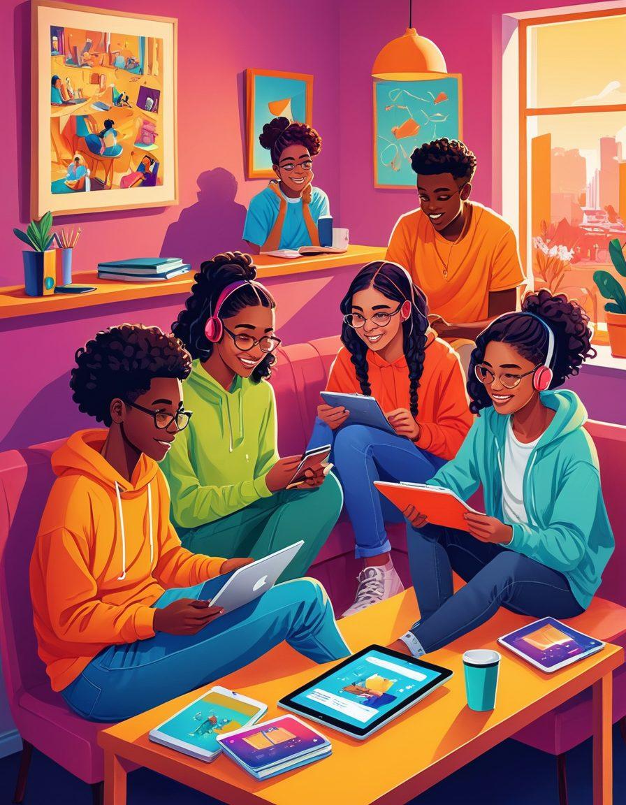 Vibrant and dynamic scene featuring diverse teenagers engaged in various activities: some reading the latest trends on a tablet, others sharing resources on a community board, and a group enjoying entertainment like games and music. The backdrop includes modern, colorful elements and cozy spaces, symbolizing community and fun. vector art, vibrant colors.